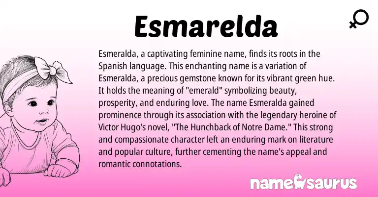 Infographic about Esmarelda name meaning, Esmarelda is a name from Spanish origin(s).