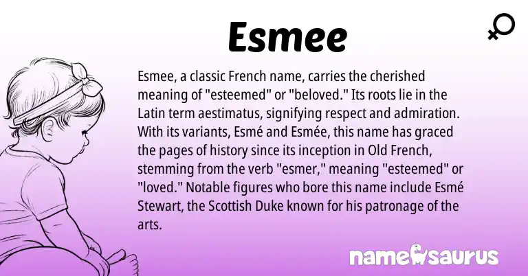 Infographic about Esmee name meaning, Esmee is a name from French, Latin, Scottish, Old French origin(s).