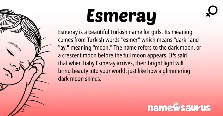 Infographic about Esmeray name meaning, Esmeray is a name from Turkish origin(s).