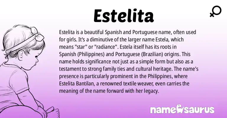 Infographic about Estelita name meaning, Estelita is a name from Spanish (Philippines), Portuguese (Brazilian) origin(s).