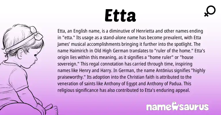 Infographic about Etta name meaning, Etta is a name from Old High German, German, English origin(s).