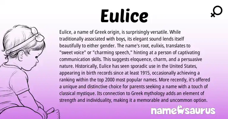 Infographic about Eulice name meaning, Eulice is a name from Greek origin(s).