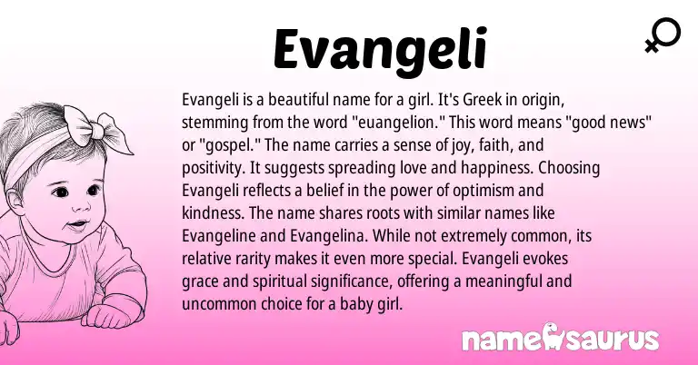 Infographic about Evangeli name meaning, Evangeli is a name from Greek origin(s).