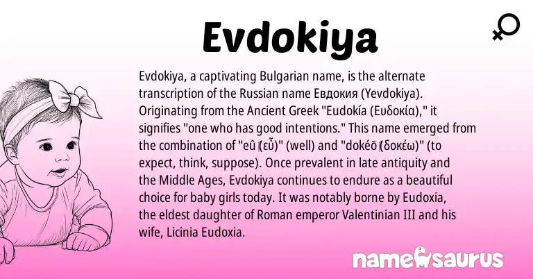 Infographic about Evdokiya name meaning, Evdokiya is a name from Russian, Bulgarian, Ancient Greek, Roman origin(s).