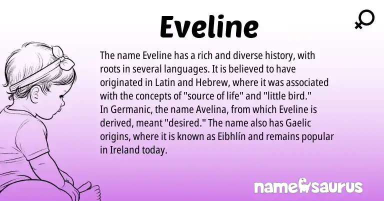 Infographic about Eveline name meaning, Eveline is a name from Ireland, Gaelic, Germanic, Latin, Hebrew origin(s).