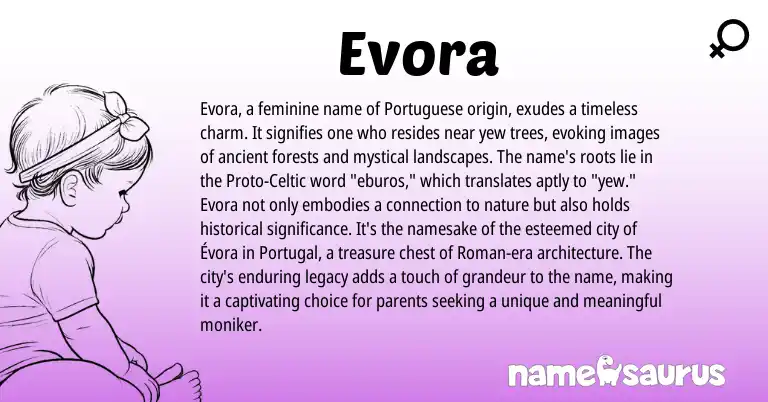 Infographic about Evora name meaning, Evora is a name from Portugal, Roman, Proto-Celtic, Portuguese origin(s).