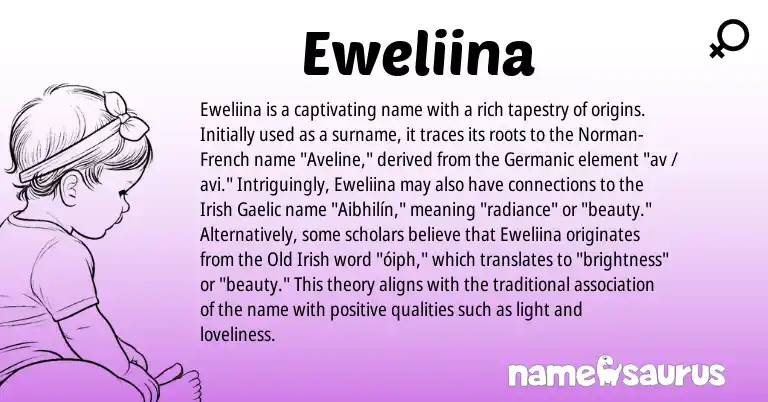 Infographic about Eweliina name meaning, Eweliina is a name from Irish, Gaelic, French, Germanic, Norman, Old Irish origin(s).