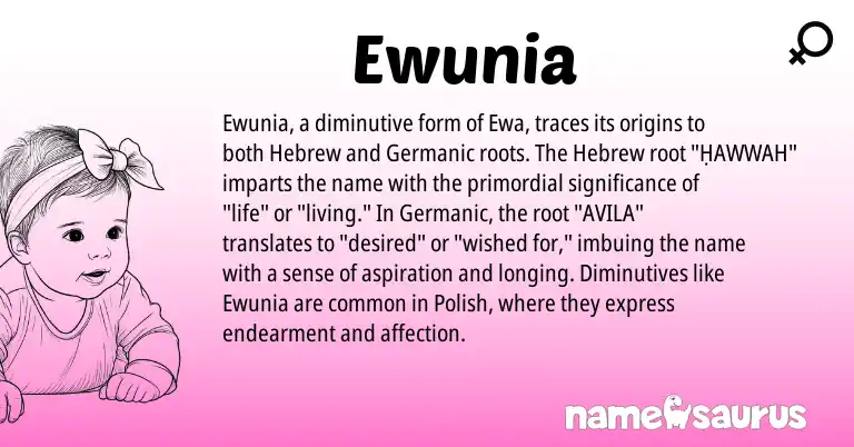 Infographic about Ewunia name meaning, Ewunia is a name from Polish, Germanic, Hebrew origin(s).