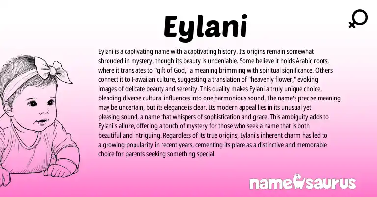 Infographic about Eylani name meaning, Eylani is a name from Hawaiian, Arabic origin(s).