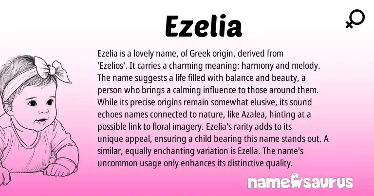 Infographic about Ezelia name meaning, Ezelia is a name from Greek origin(s).
