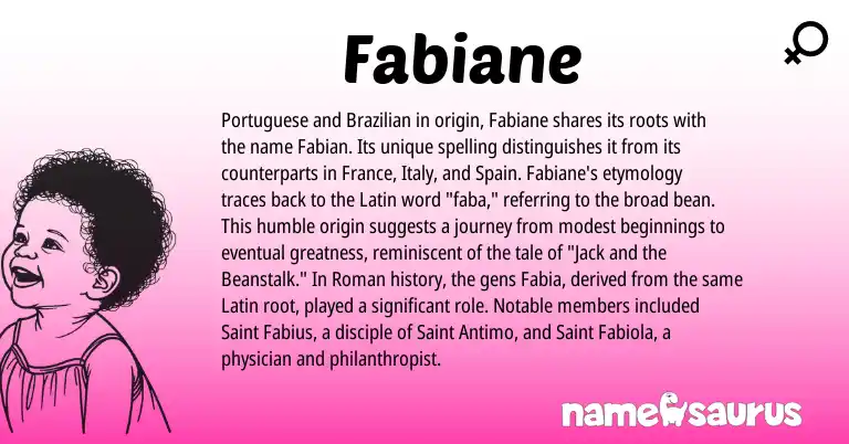 Infographic about Fabiane name meaning, Fabiane is a name from Spain, Roman, Latin, Brazilian, Portuguese origin(s).