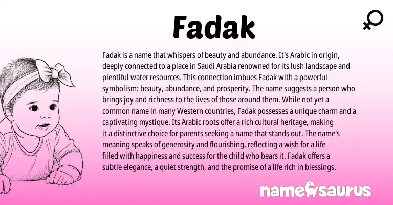 Infographic about Fadak name meaning, Fadak is a name from Arabic origin(s).