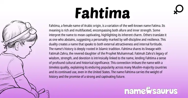 Infographic about Fahtima name meaning, Fahtima is a name from Arabic origin(s).