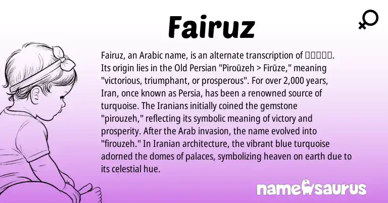 Infographic about Fairuz name meaning, Fairuz is a name from Iranian, Iran, Arabic, Old Persian origin(s).