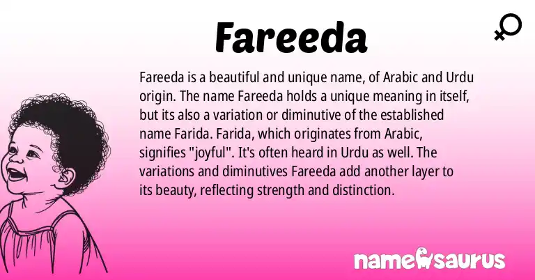 Infographic about Fareeda name meaning, Fareeda is a name from Arabic, Urdu origin(s).