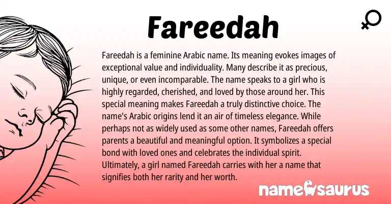 Infographic about Fareedah name meaning, Fareedah is a name from Arabic origin(s).