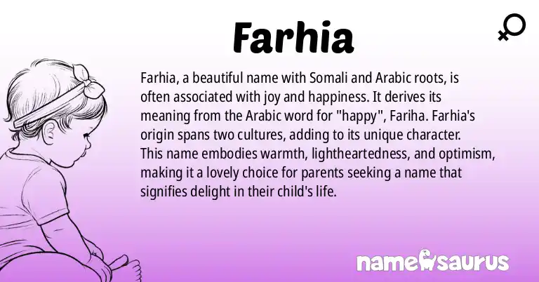 Infographic about Farhia name meaning, Farhia is a name from Somali, Arabic origin(s).
