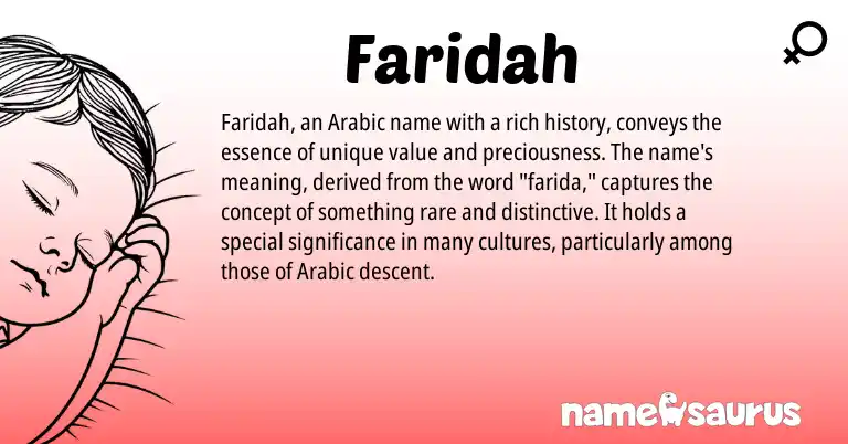 Infographic about Faridah name meaning, Faridah is a name from Arabic origin(s).