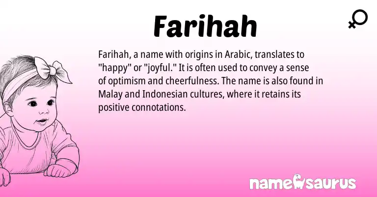 Infographic about Farihah name meaning, Farihah is a name from Indonesian, Arabic, Malay origin(s).