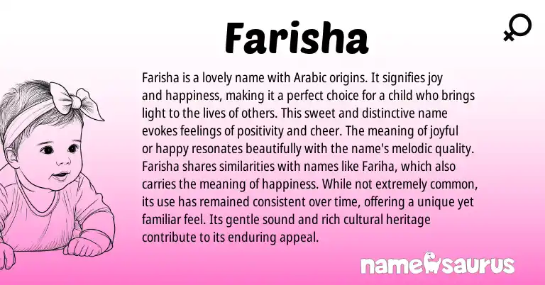 Infographic about Farisha name meaning, Farisha is a name from Persian, Arabic origin(s).