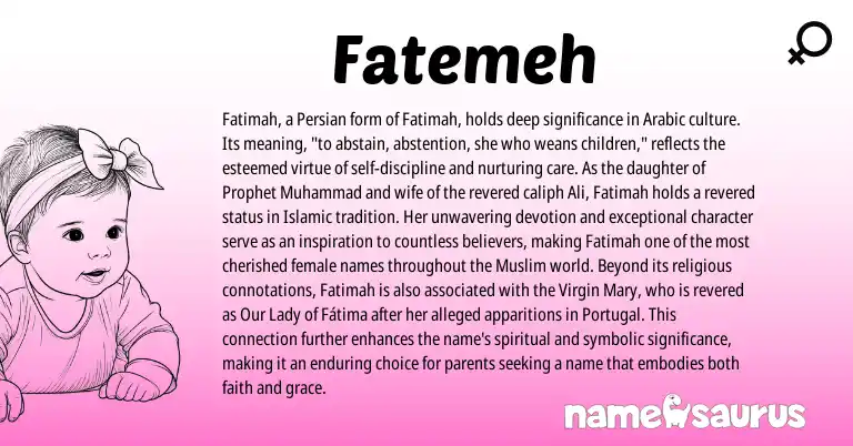 Infographic about Fatemeh name meaning, Fatemeh is a name from Portugal, Persian, Arabic, Muslim origin(s).