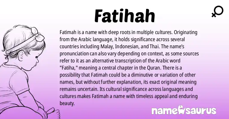 Infographic about Fatihah name meaning, Fatihah is a name from Arabic, Malay, Indonesian, Thai (Muslim) origin(s).