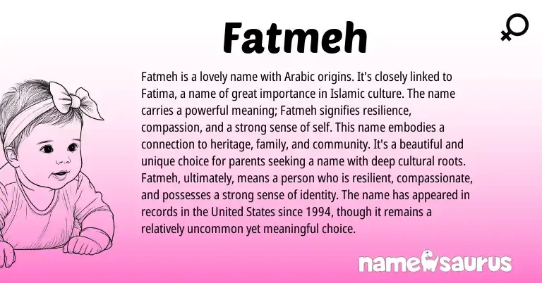 Infographic about Fatmeh name meaning, Fatmeh is a name from Arabic origin(s).