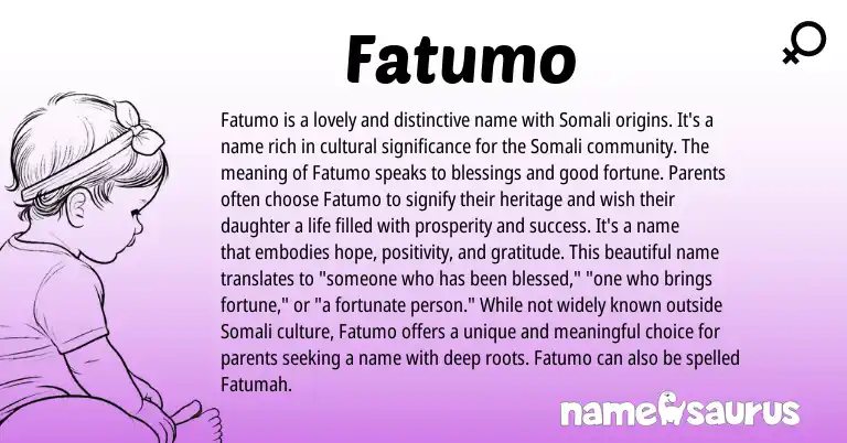 Infographic about Fatumo name meaning, Fatumo is a name from Somali origin(s).