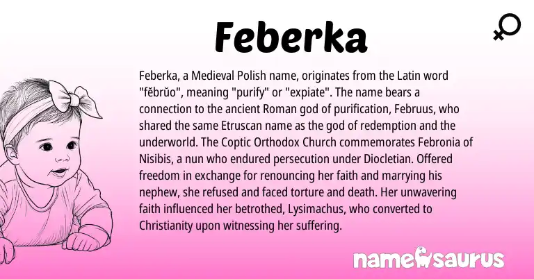 Infographic about Feberka name meaning, Feberka is a name from Christianity, Etruscan, Roman, Latin, Medieval Polish, Coptic origin(s).