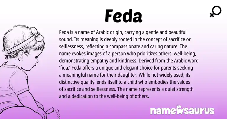 Infographic about Feda name meaning, Feda is a name from Arabic origin(s).