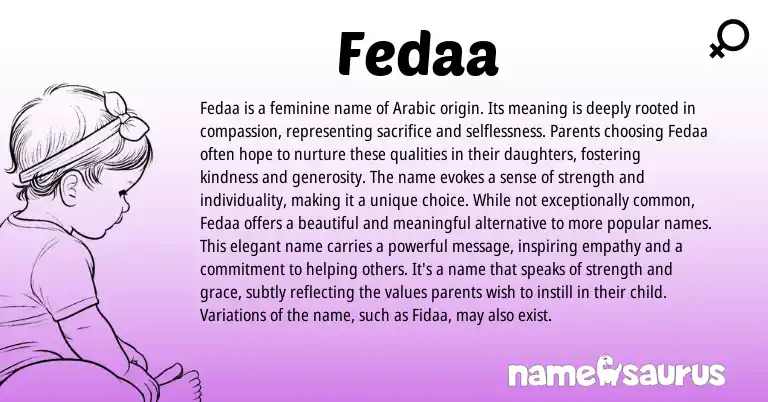 Infographic about Fedaa name meaning, Fedaa is a name from Arabic origin(s).