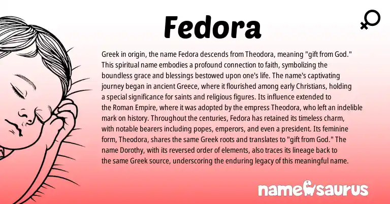 Infographic about Fedora name meaning, Fedora is a name from Greece, Roman, Greek origin(s).