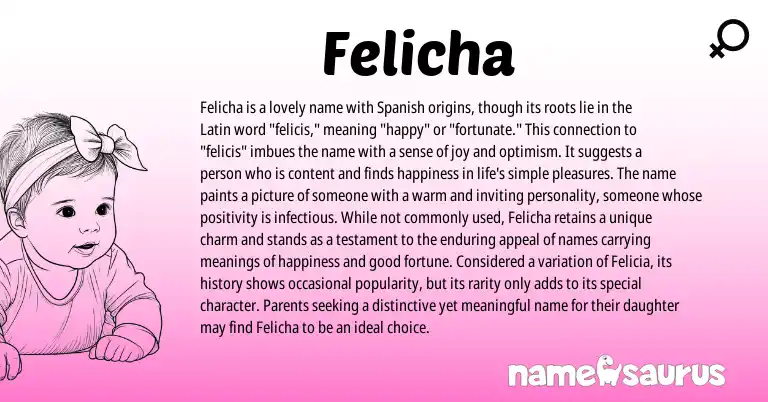 Infographic about Felicha name meaning, Felicha is a name from Latin, Spanish, American origin(s).