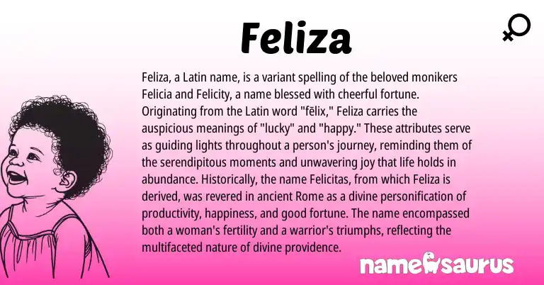 Infographic about Feliza name meaning, Feliza is a name from Latin origin(s).