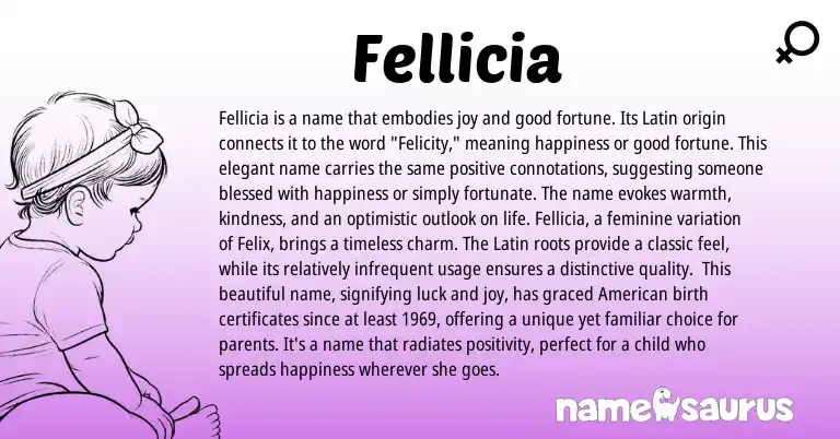 Infographic about Fellicia name meaning, Fellicia is a name from Latin origin(s).