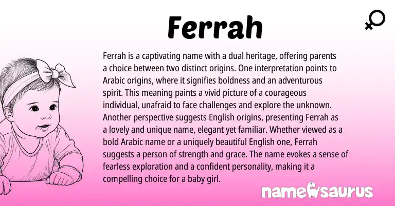 Infographic about Ferrah name meaning, Ferrah is a name from Arabic origin(s).