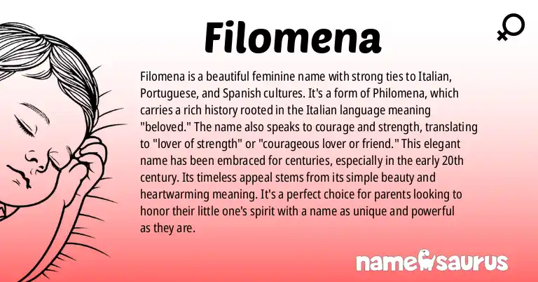 Infographic about Filomena name meaning, Filomena is a name from Italian, Portuguese, Spanish, Lithuanian origin(s).