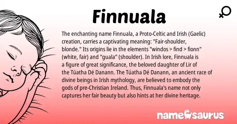 Infographic about Finnuala name meaning, Finnuala is a name from Irish, Gaelic, Ireland, Proto-Celtic origin(s).