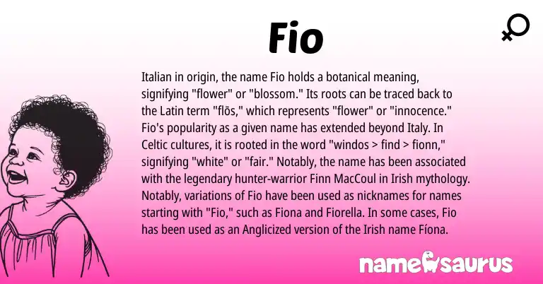 Infographic about Fio name meaning, Fio is a name from Irish, Latin, Celtic, Italian origin(s).
