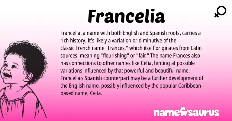 Infographic about Francelia name meaning, Francelia is a name from English, Spanish (Caribbean) origin(s).
