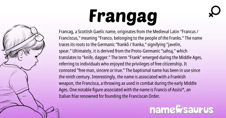 Infographic about Frangag name meaning, Frangag is a name from Medieval Latin, Frankish, Gaelic, Germanic, Scottish, Italian origin(s).