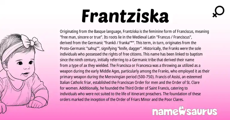 Infographic about Frantziska name meaning, Frantziska is a name from Basque, Germanic, Medieval Latin, Italian origin(s).