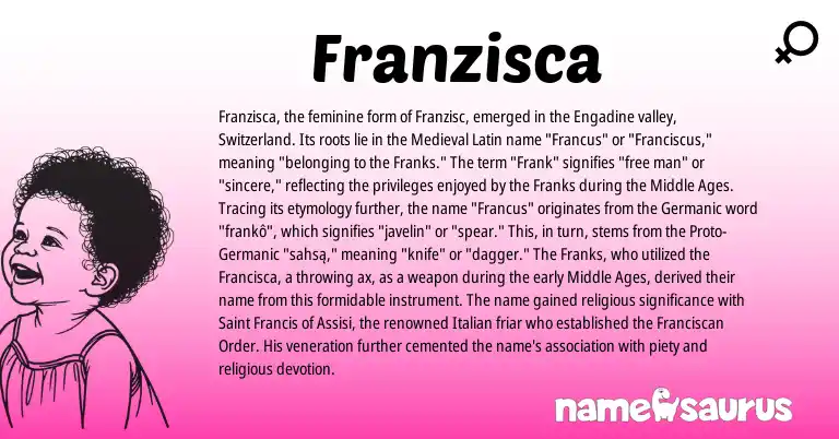 Infographic about Franzisca name meaning, Franzisca is a name from Germanic, Medieval Latin, Italian origin(s).