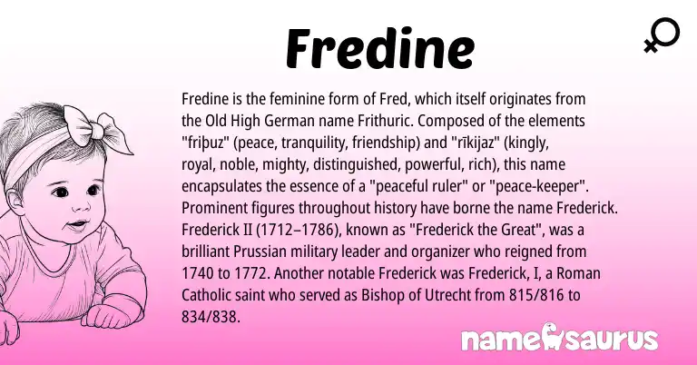 Infographic about Fredine name meaning, Fredine is a name from Old High German, Roman, Prussian origin(s).