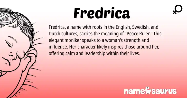Infographic about Fredrica name meaning, Fredrica is a name from English, Swedish, Dutch, Afrikaans origin(s).