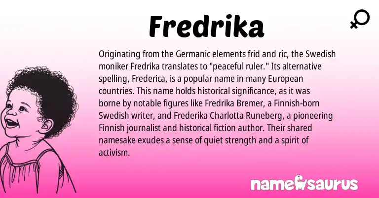 Infographic about Fredrika name meaning, Fredrika is a name from Finnish, Swedish, Germanic, European origin(s).