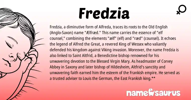 Infographic about Fredzia name meaning, Fredzia is a name from Old English, German, Frankish, Anglo-Saxon origin(s).