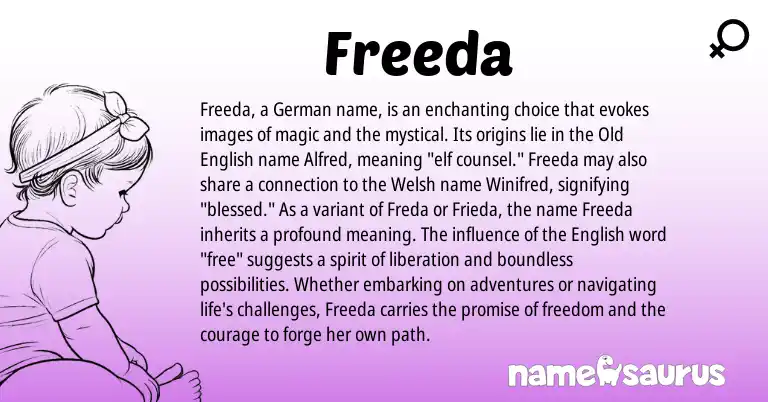 Infographic about Freeda name meaning, Freeda is a name from German, English, Welsh, Old English origin(s).