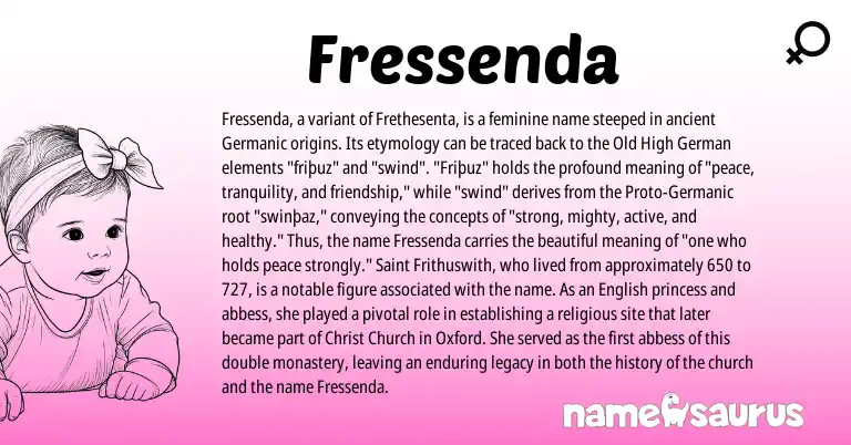 Infographic about Fressenda name meaning, Fressenda is a name from Old High German, English, Germanic origin(s).