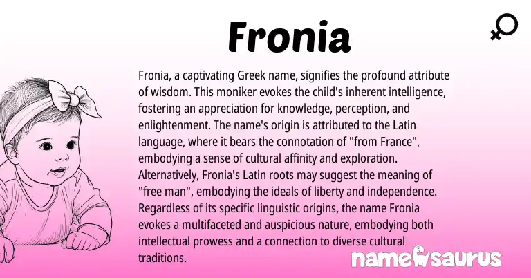 Infographic about Fronia name meaning, Fronia is a name from Latin, Greek origin(s).